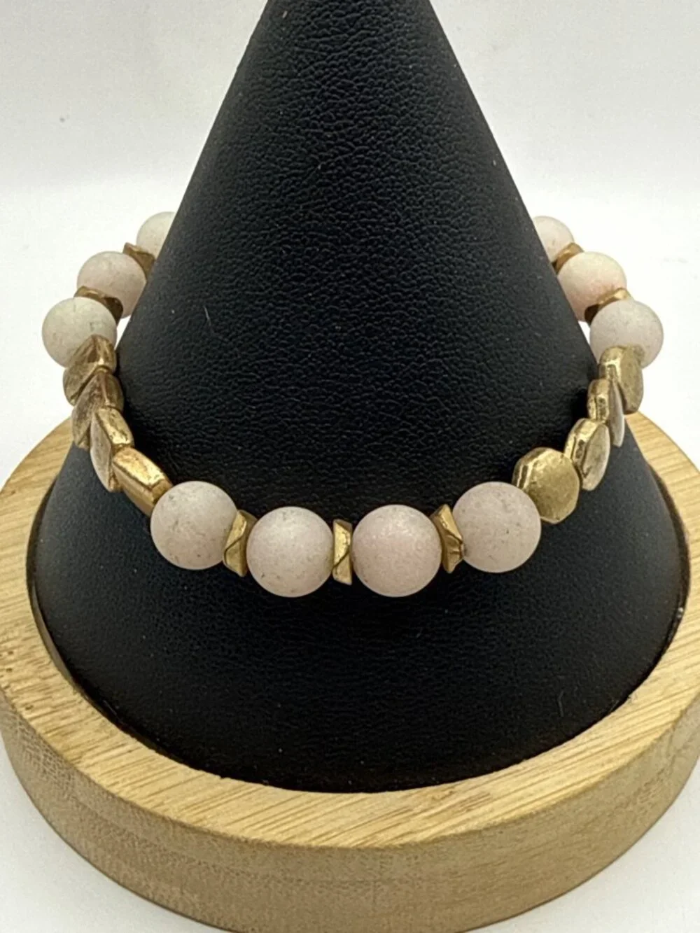 Boho Pale Beaded Stretch Bracelet Worn Antiqued Gold Geometric Spacers